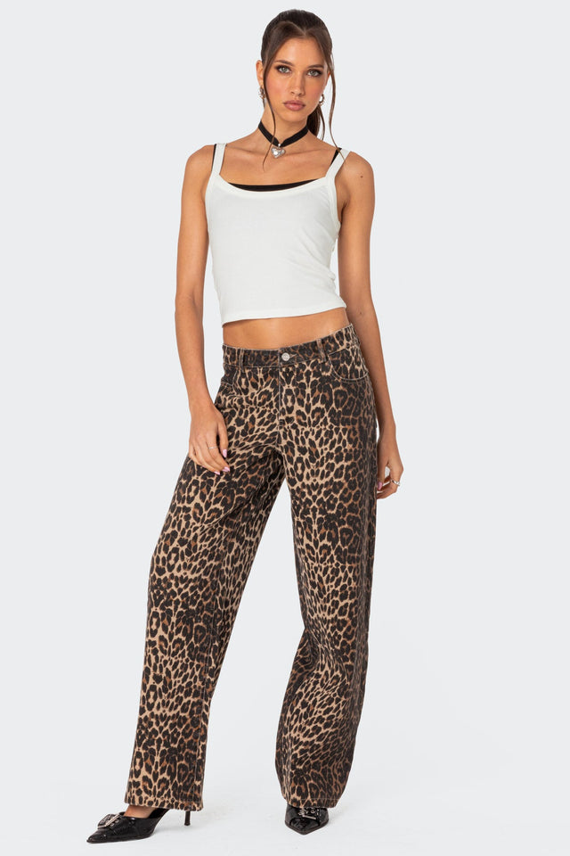 Leopard Printed Low Rise Baggy Jeans