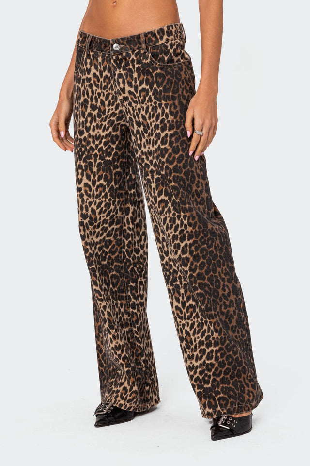 Leopard Printed Low Rise Baggy Jeans