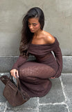 Made It Out Long Sleeve Boucle Maxi Dress Chocolate
