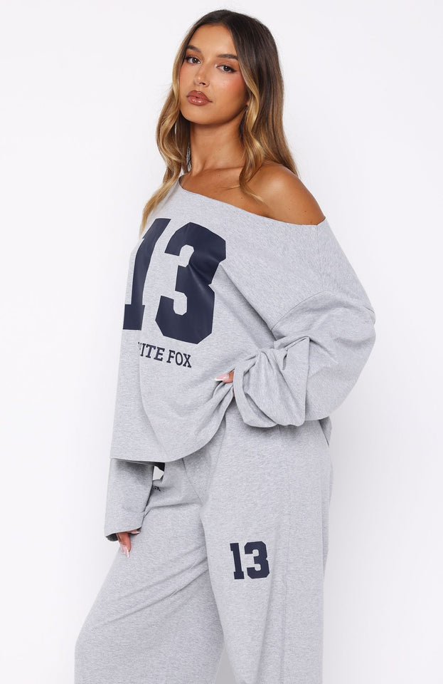 Only One Left Off Shoulder Oversized Long Sleeve Tee Grey Marle