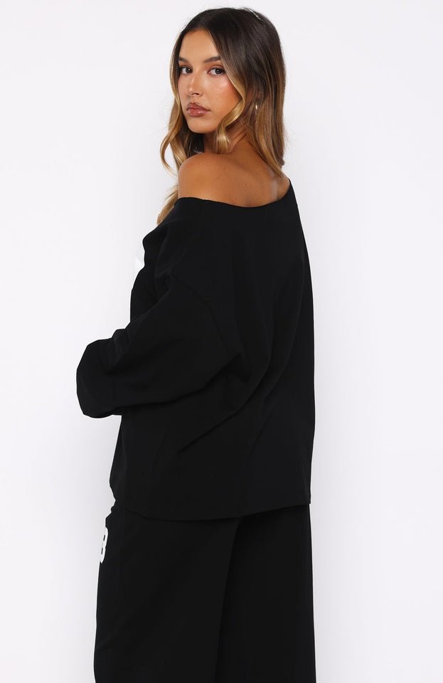 Only One Left Off Shoulder Oversized Long Sleeve Tee Black